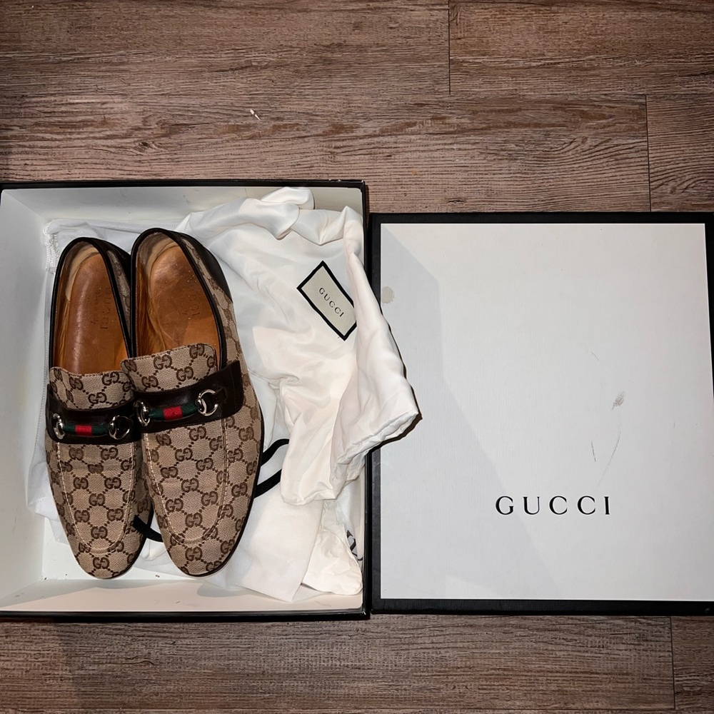 Gucci Men's Horsebit Tan Loafers with Signature Pattern
